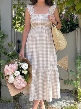 Gingham Beige Ruffle Strap Maxi Dress